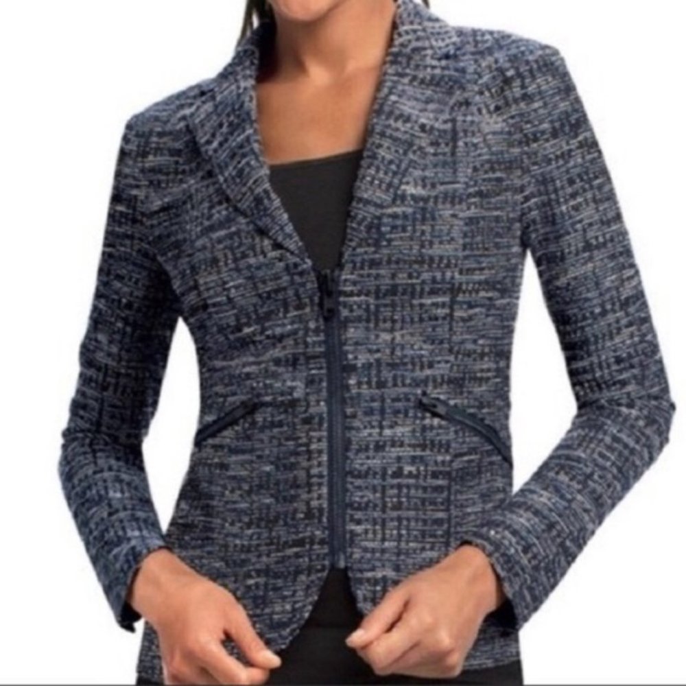 CAbi Navy Tweed Zip-Front Blazer